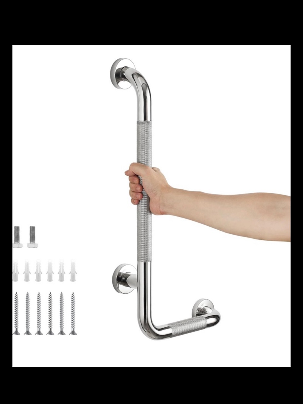 L-Shaped Angled Grab Bar 24x12”Stainless Steel Anti-slip Knurled Grip Right
